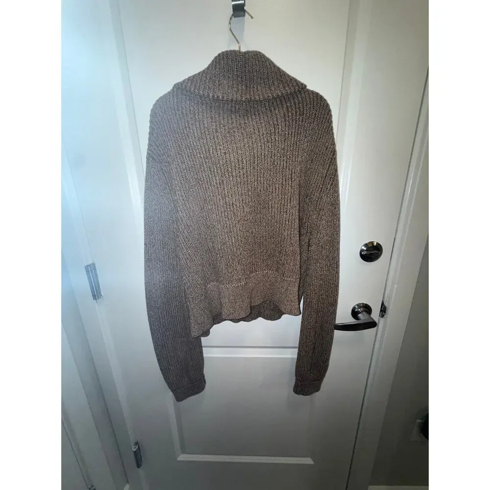 Varley Chunky Knit Quarter Zip Sweater Women Brown Oversized Collar Cozy